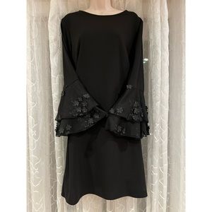 Roz& Ali Black Dress with Flower Embellished Bell Sleeves- Size Large